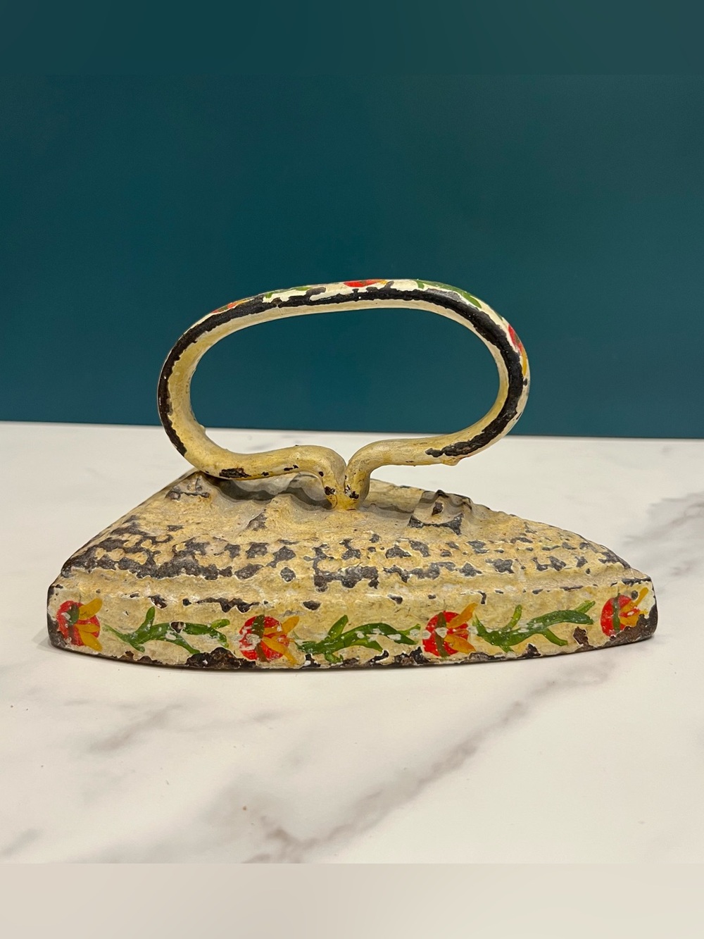 Antique Cast Iron Sad Iron Hand Painted Folk Art Floral Motif Farmhouse Decor